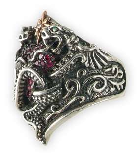 Dragon Kiss Ring Yr of the Dragon 2012 Highly Detailed Silver w/Red 