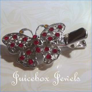 Butterfly Red Crystal Rhinestone Bling Silver Pl Hair Alligator Clip 