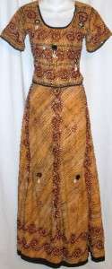 Yellow Black Beaded Cotton Indian Lengha Choli Sari Skirt Belly Dance 