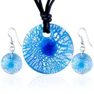 Silver Foil Blue Crusted Round Pendant Earring Set Murano 