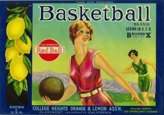 Basketball Vintage Lemon Crate Label Claremont CA women  