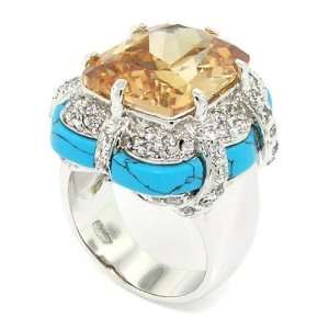 Large Cocktail Ring w/Champagne & White CZs, Turquoise, .925 Sterling 