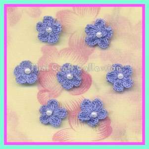 C542 100 Crochet Flower Pearl Bead Applique Royal Blue  