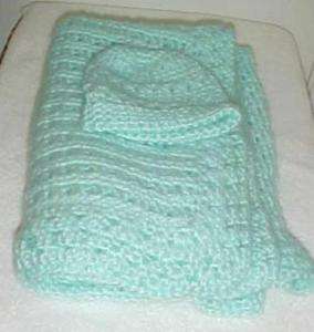 Hand Crochet Baby Blanket/Matching Hat Aqua 30x43 New  