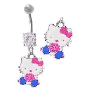  Cute Hello Kitty w/ pink flowers dangle Belly button Navel 