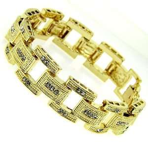  24K Gold Plated 3 Row 16mm Bar Link Iced Bracelet Jewelry