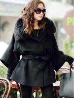 FUR COLLAR HOODED WOMENS Double Breasted BATWING CAPE PONCHO COAT 