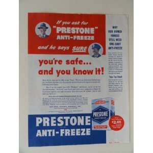 prestone Anti Freeze. 40s full page print ad. (youre safeand you 