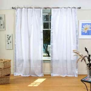 Indo White with silver border Tie Top Sari Sheer Curtain (43 in. x 84 