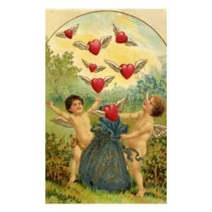  Cupids Releasing a Bag of Winged Hearts, 1910 Stretched 