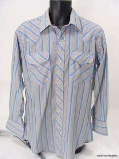 mens Ruddock Gray Blue Striped Western Shirt Pearl Snap Long Sleeve 16 