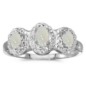 14k White Gold October Birthstone Oval Opal And Diamond Three Stone 