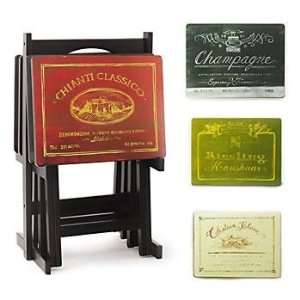 Set of 4 Wine Label Tray Tables and Stand 