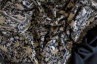 Densely Embroidered, Wool Shawl. Beige Crewel on Black  