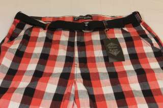 Mens Urban Color Plaid Shorts w/ Belt Red & Black SZ 42  