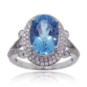  Blue Topaz Cocktail Ring W/ Diamond 14K White Gold Band 