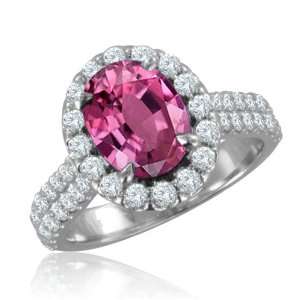  Pink Sapphire Diamond Engagement Ring in 18k White Gold Halo Ring 