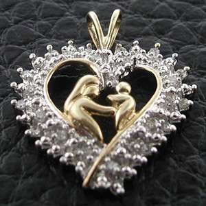 ESTATE 10k Two Tone Gold Mother & Baby Diamond Heart Pendant  