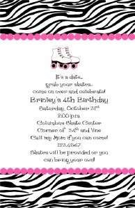 Zebra Theme Girl Rollerskate Birthday Party invitations  