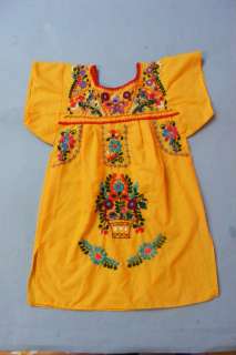 Vtg VIVID Yellow MEXICAN H Embroidered GIRL Ethnic Folk Peasant Dress 