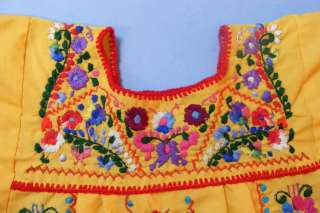 Vtg VIVID Yellow MEXICAN H Embroidered GIRL Ethnic Folk Peasant Dress 