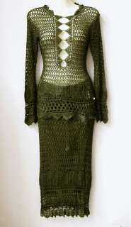 570 Morgan FRANCE Handknit Khaki Crochet Outfit Dress  