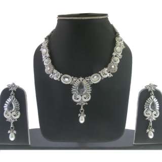 SILVER TONE CZ WHITE ENAMEL 3 PC PEARL BEADS BOLLYWOOD LOOK NECKLACE 