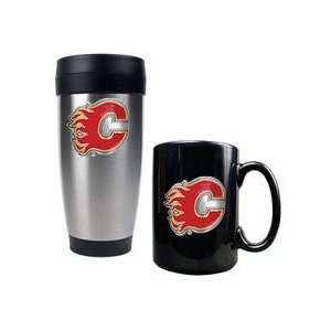 Calgary Flames Stainless Steel Travel Tumbler and Black Ceramic Mug 