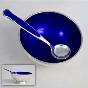  Salt Dip & Spoon by Meka, Sterling Blue Enamel Interior 