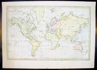This finely engraved hand coloured original antique world map showing 