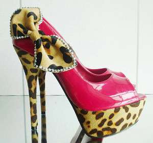 fashionCrytal Bead Bowknot Sexy Leopard Princess Super High Heels Open 