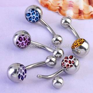 6Pcs Mix Leopard Print Stainless Steel Rubber Barbell Navel Belly 