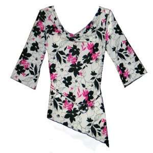 Assymetrical 3/4 Sleeve Drape Neck Flower Print Belted Top 