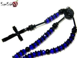 Blue Black Jesus Cross Rosary Beaded Long Fashion Necklace  