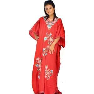  Red Kashmiri Kaftan with Embroidered Flowers   Pure Silk 