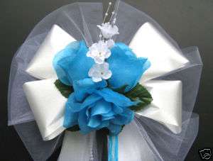 TURQUOISE / WHITE satin wedding pew bows decorations  