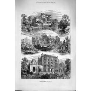    1880 KENSINGTON HOUSE GARDENS LAKE ARCHITECTURE ART