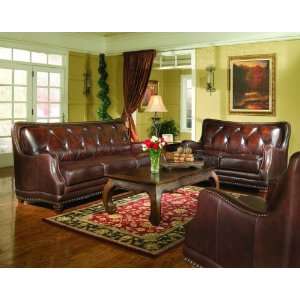  2 PCs Top Grain Genuine Leather Tufted Back Sofa and Love 