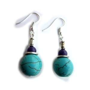    Turquoise and Amethyst Beads Earrings, Ethnic Design Jewelry