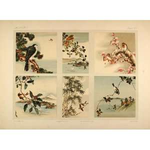 1883 Japanese Art Bird Tree Cherry Blossom Mount Fuji   Original 