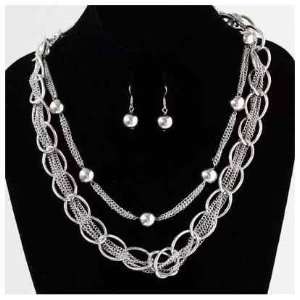 Silver Casting Multi Chain and Silver Link Necklace and Earrings Set 