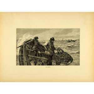  1887 Wood Engraving Fisherman Fishing Crustacean Boat 