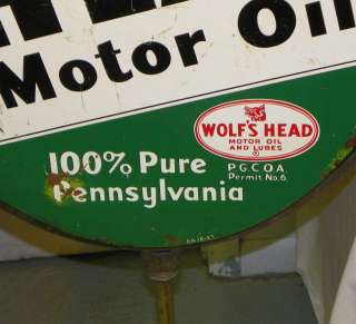 Antique Lollipop Style Wolfs Head Motor Oil Double Sided Tin 