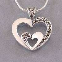 Mod Dbl. Heart Shiny&Marcasite Sterling Silver Pendant