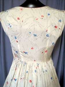 Vtg 50s Rayon? Full Skirt Party Dress, White w/Tiny Flowers at Random 