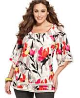 Style&co. Plus Size Top, Three Quarter Sleeve Printed Crochet