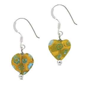    Silver Yellow Heart Millefiori Murano Glass Earrings Jewelry