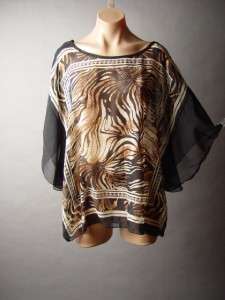 BLACK Sheer Chiffon Sophisticated Animal Scarf Print Top Shirt Blouse 