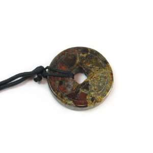   Jasper Gemstone Chinese Coin Pendant on Silk Slip Necklace Jewelry