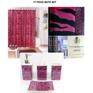 17 piece Bath Accessory Set Pink zebra print shower curtain Bathroom 